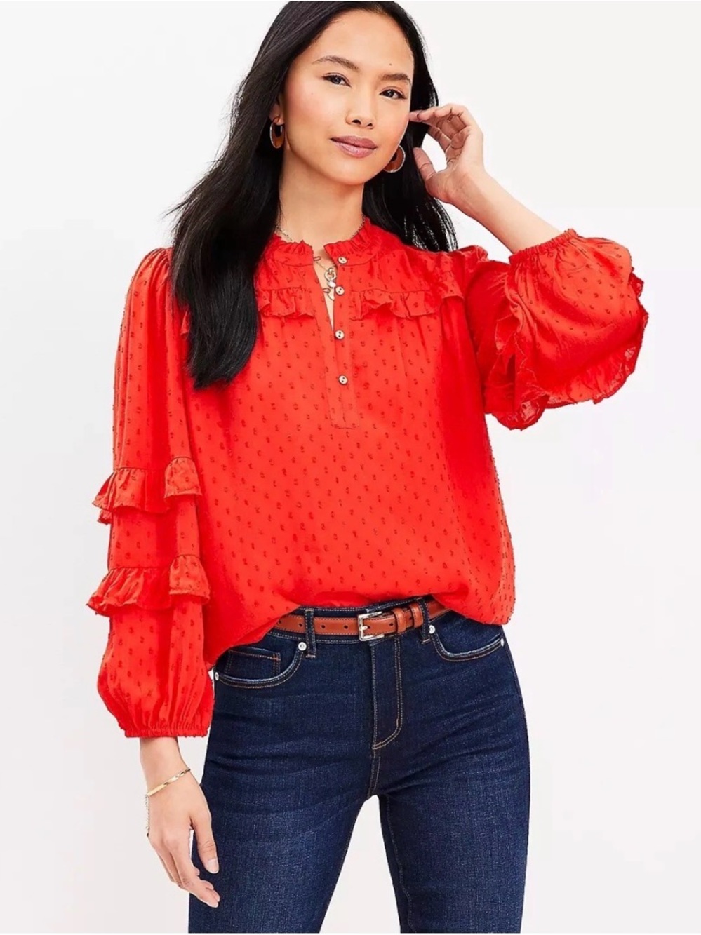 LOFT Swiss Dot Ruffle  Blouse Long Sleeve Modal Viscose Petite Small